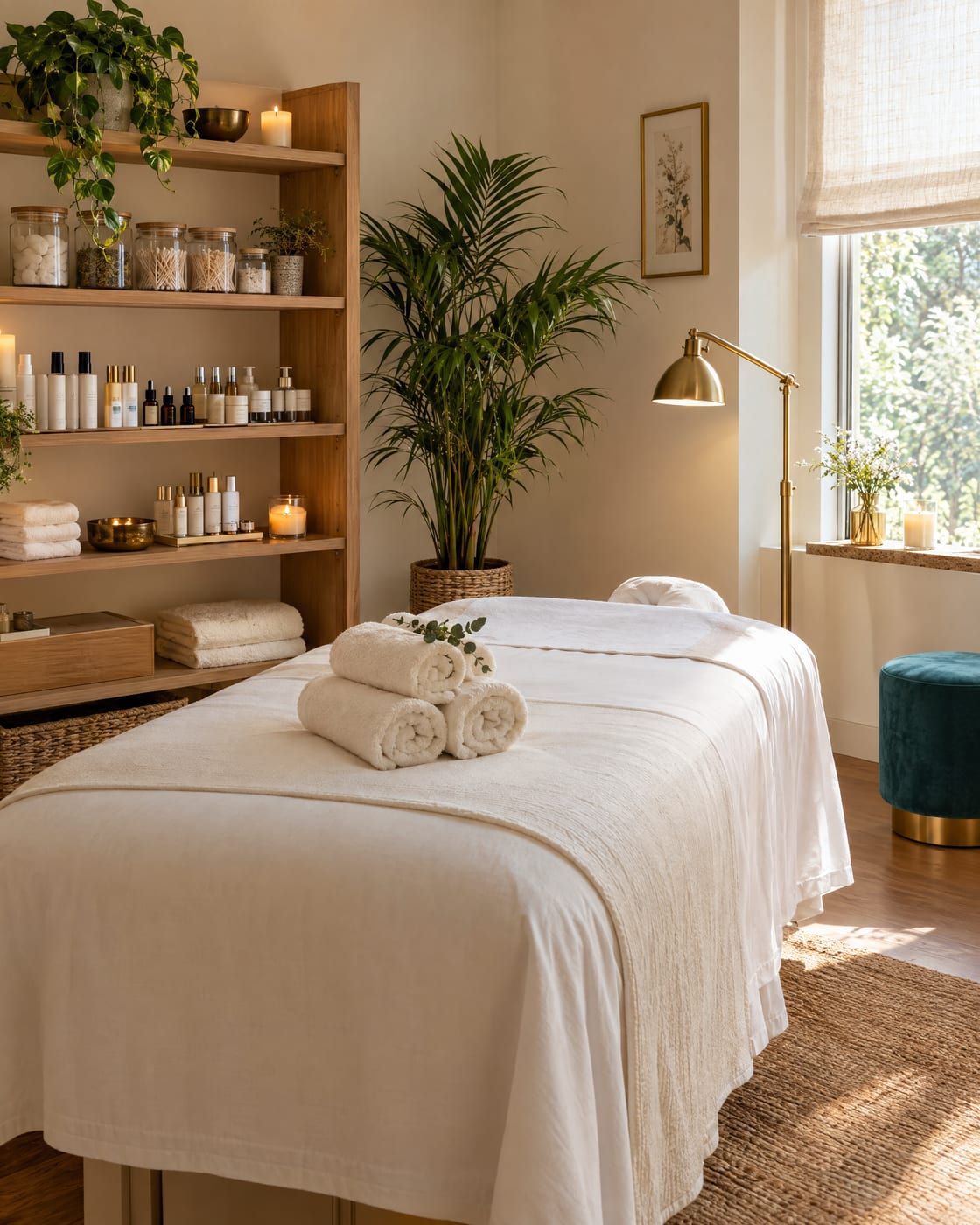 A calm private wellness suite with a treatment bed, rolled towels and candles