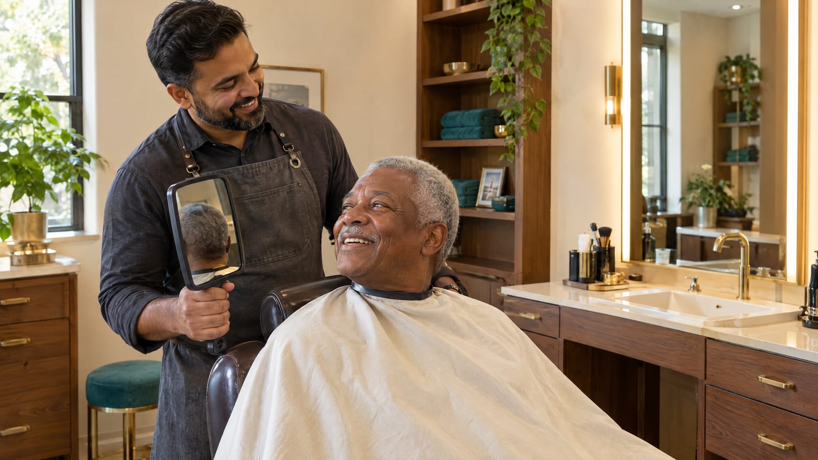 A barber holds up a hand mirror to show an older client the back of his fresh haircut in a warm, wood-trimmed private suite.