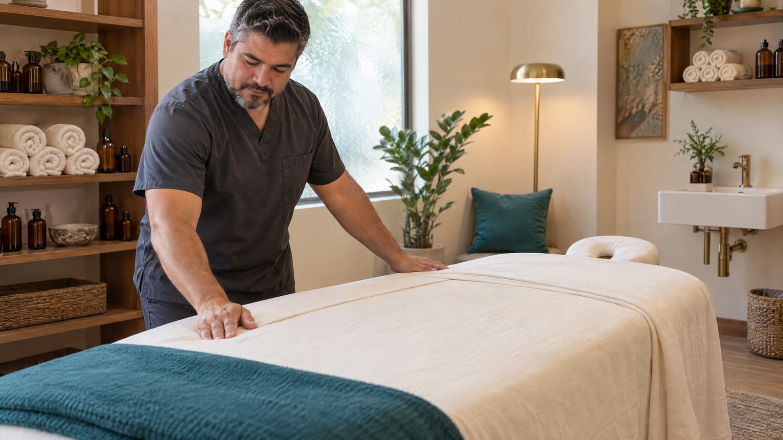 A massage therapist smooths a cream sheet over a massage table in a private suite with wood shelving, rolled towels and a small sink.