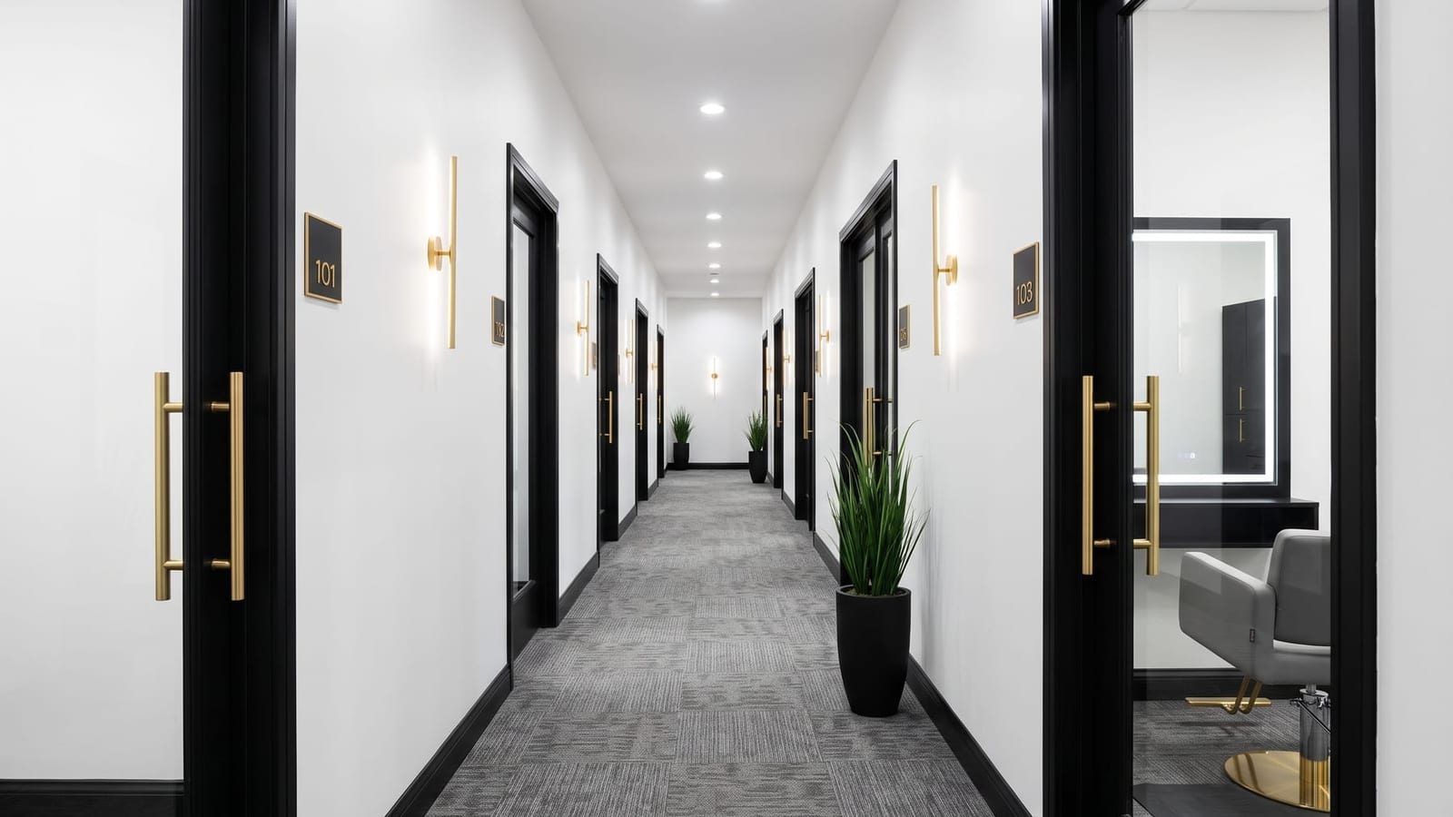 Rendering of the suite hallway at Elegance Salon Suites in Largo, FL